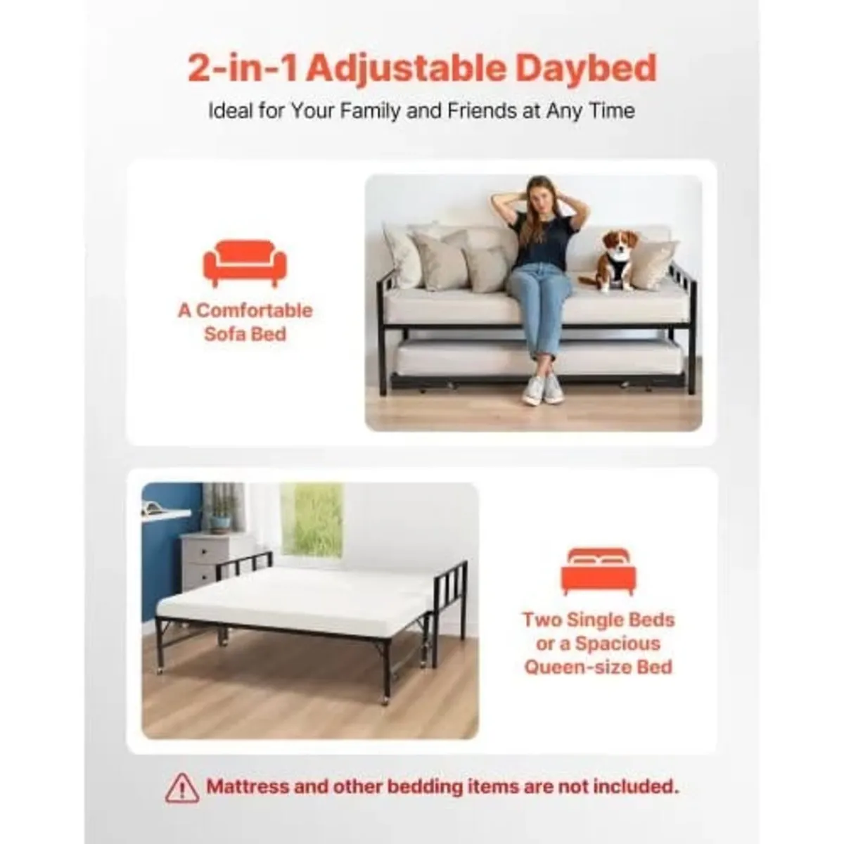 Twin Size Daybed Frame, Day Bed with Trundle, Heav - Image 2