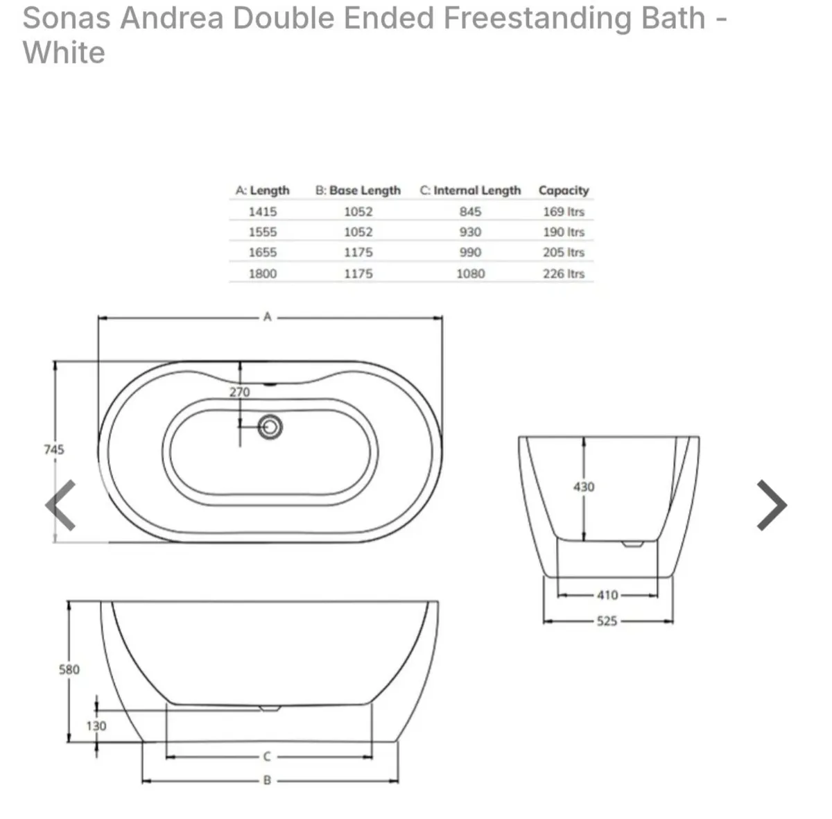 Freestanding Bath Brand New SONAS Andrea 1415mm - Image 4