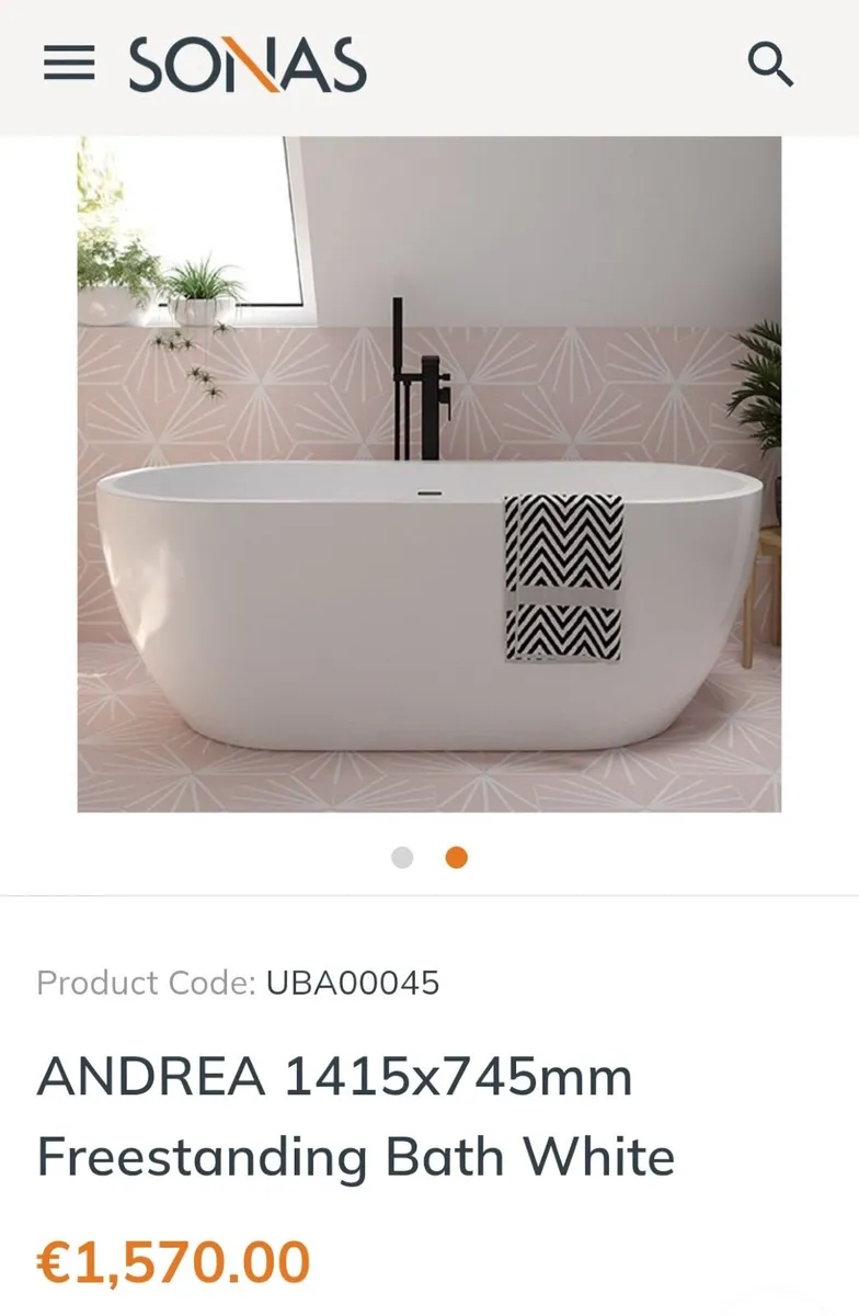 Freestanding Bath Brand New SONAS Andrea 1415mm - Image 3