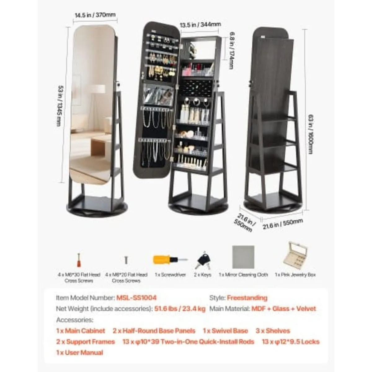 360° Swivel Jewelry Cabinet, 1550 mm Tall, Full-Le - Image 3