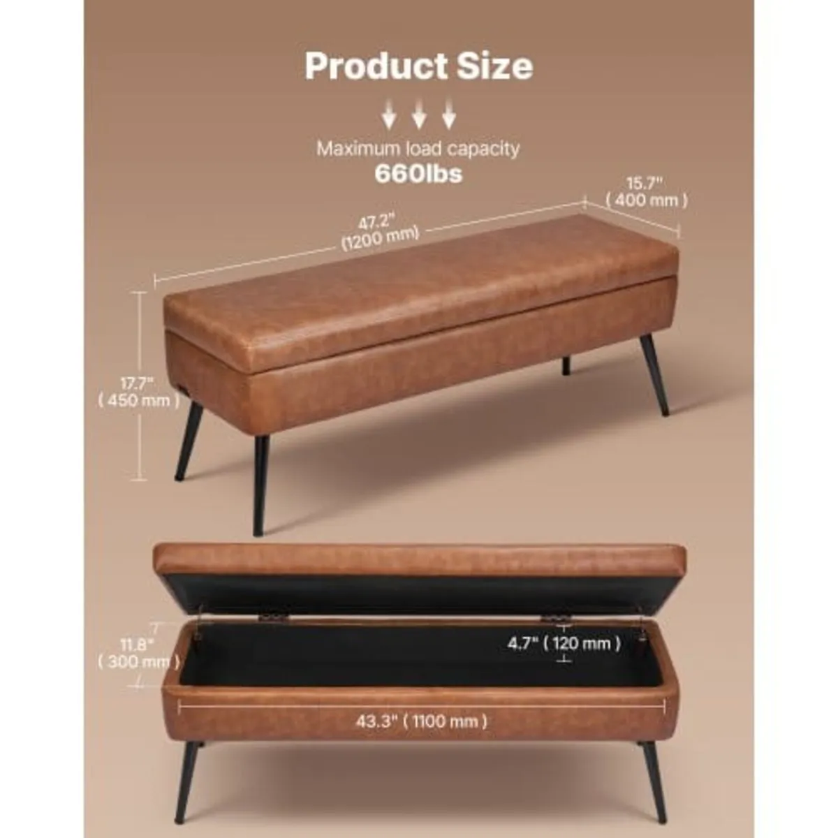 Leather Storage Ottoman Bench, PU Leather Bench wi - Image 3