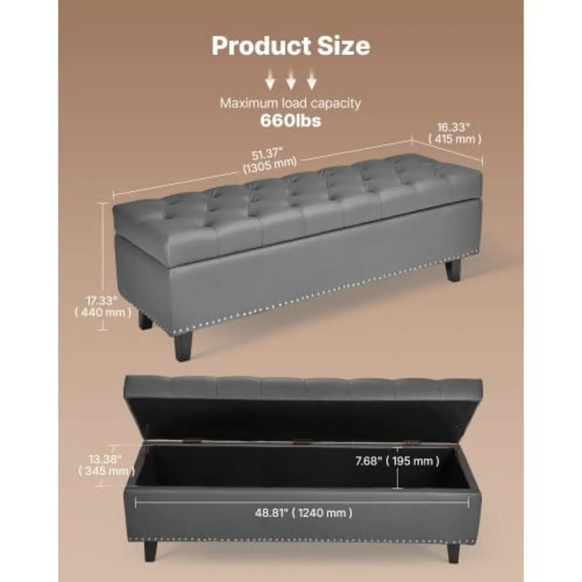 Button-Tufted Storage Ottoman Bench, PU Leather Be - Image 4