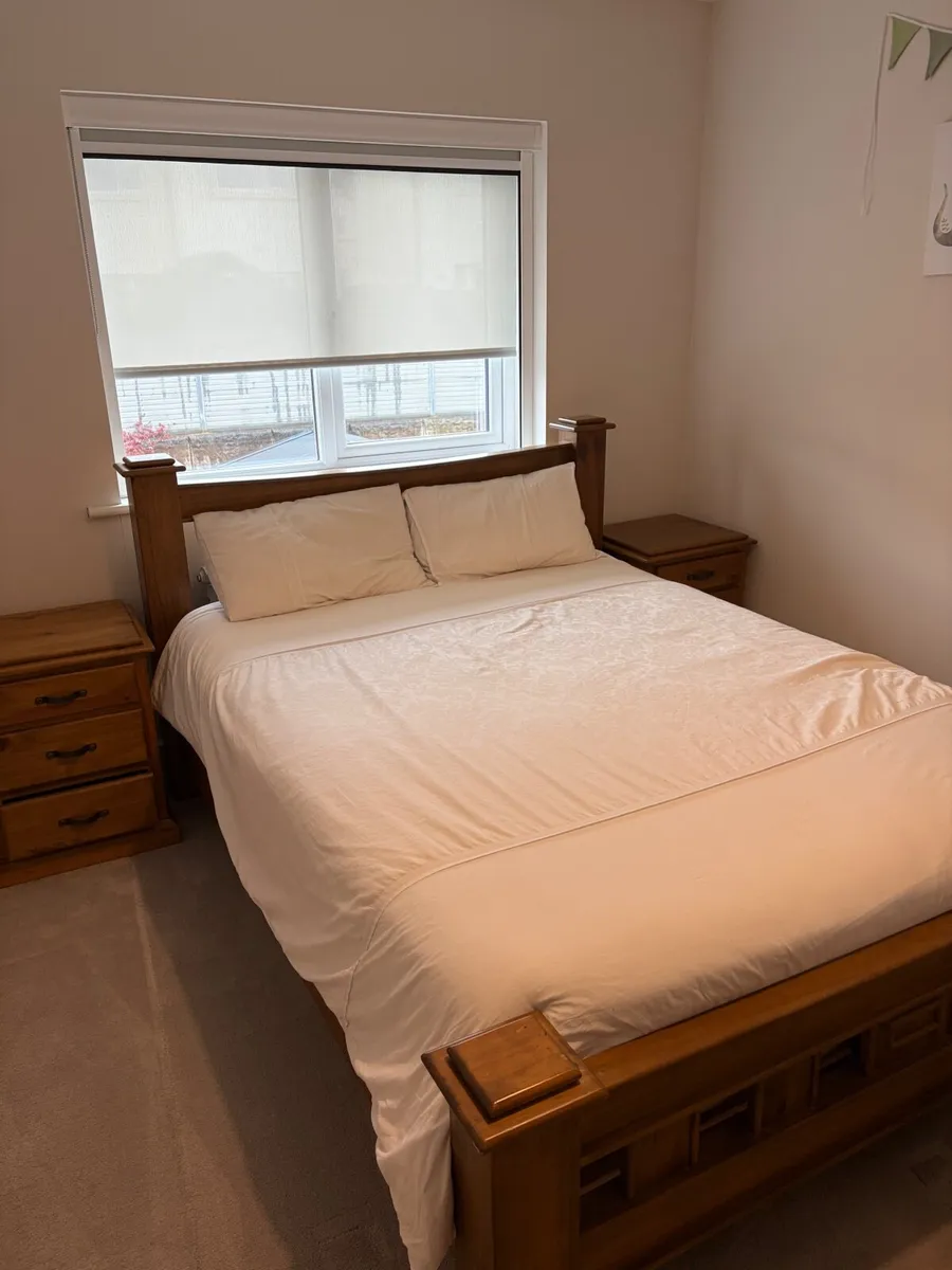 King bed frame, 2 x bedside tables, king mattress - Image 1