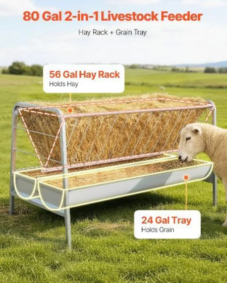 Livestock Hay Feeder, 2 in 1 Grain & Hay Feeder - Image 3
