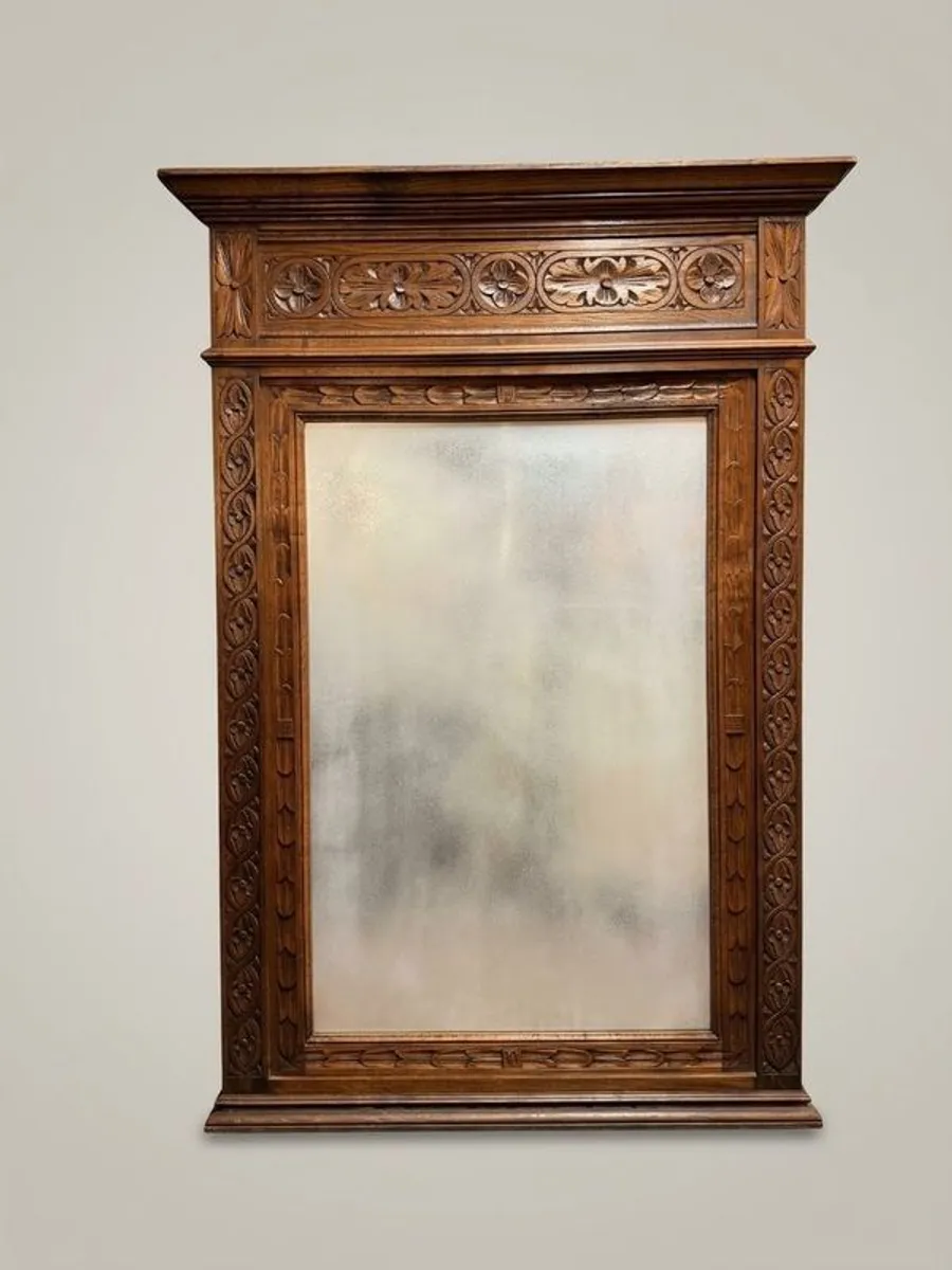 Late 19th Century Belgian Gothic Carved Oak Beveled Mirror - Image 1