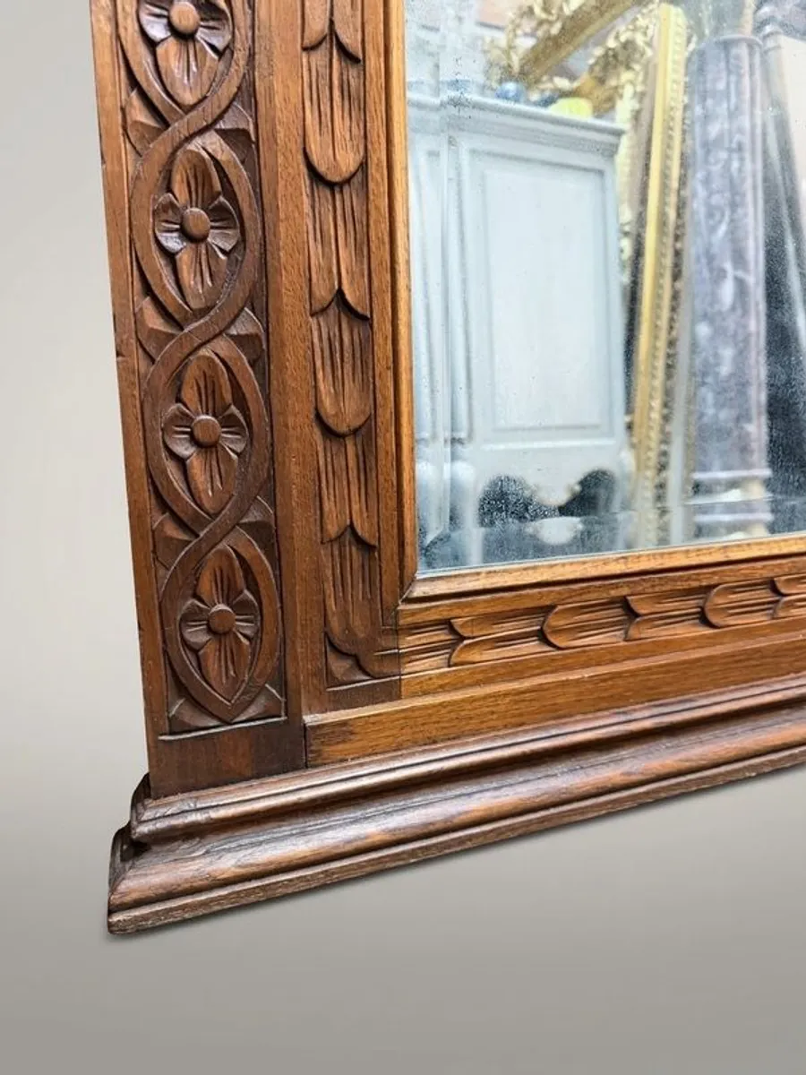 Late 19th Century Belgian Gothic Carved Oak Beveled Mirror - Image 2