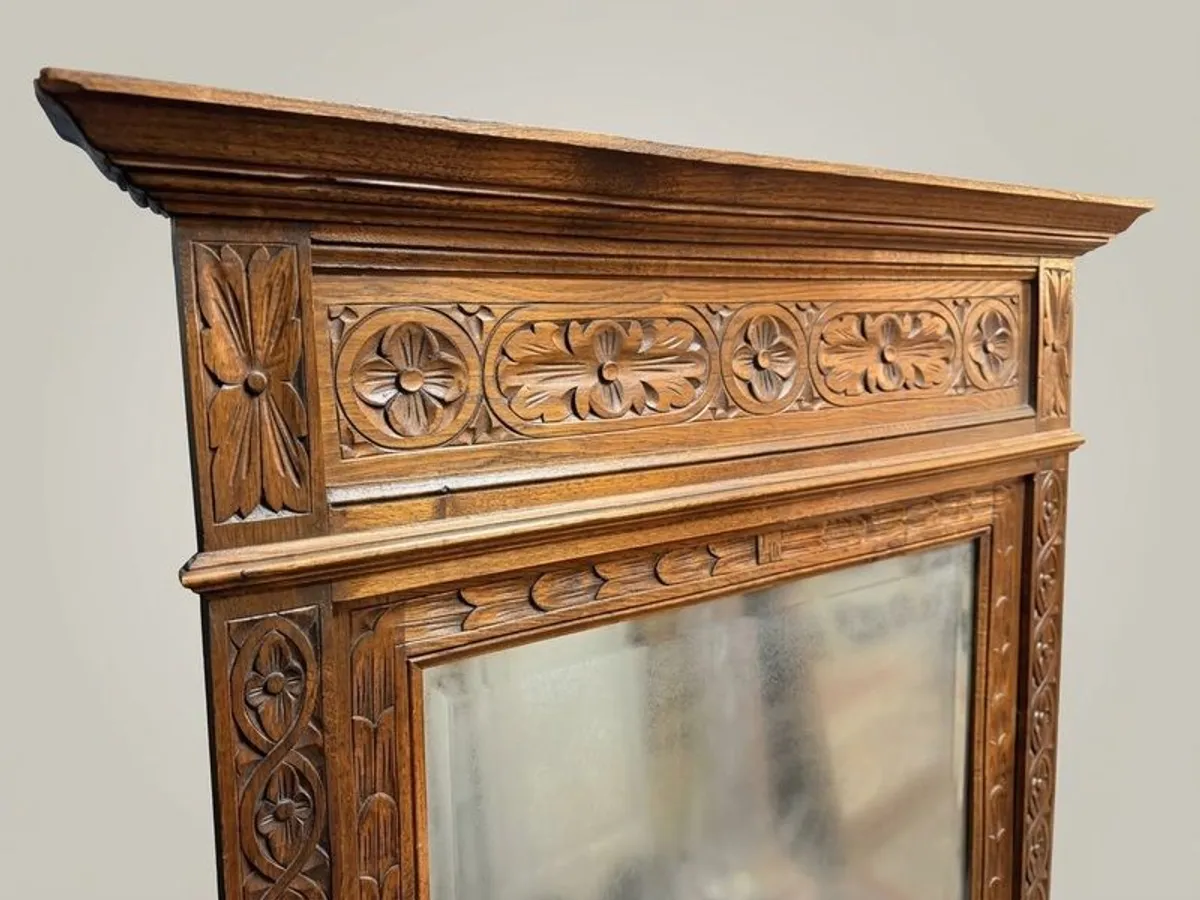 Late 19th Century Belgian Gothic Carved Oak Beveled Mirror - Image 3