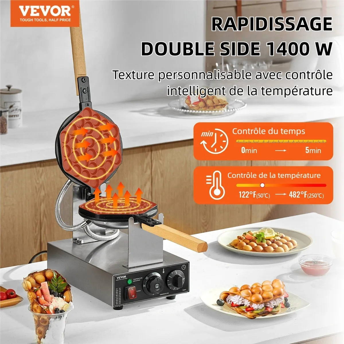 1400W Rotating Bubble Waffle Maker - Image 2