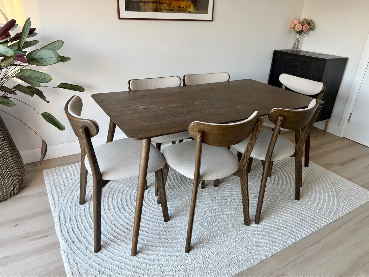 Dining table, chairs, bar stools, rug bundle - Image 1