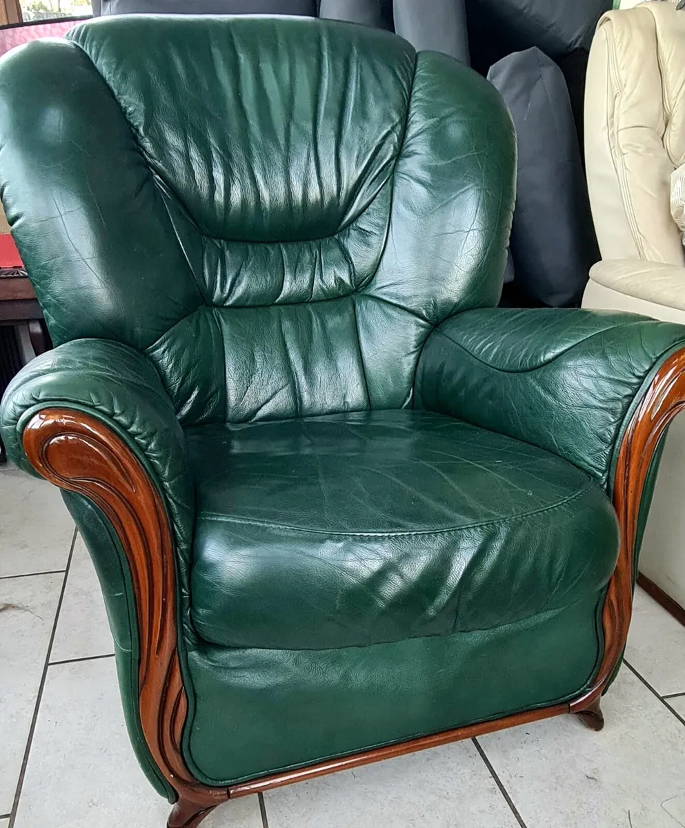 Green Leather Couch and 2 Armchairs - Image 2
