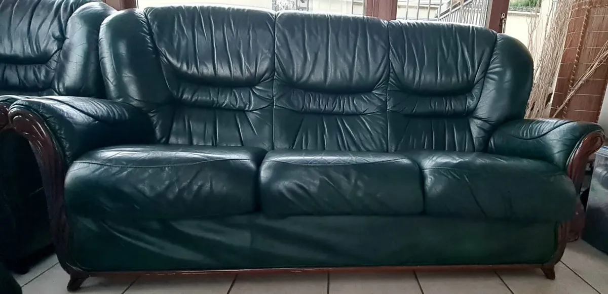 Green Leather Couch and 2 Armchairs - Image 1