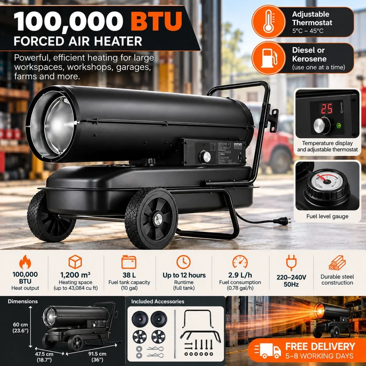 100,000 BTU Diesel & Kerosene Forced Air Heater 38 - Image 2