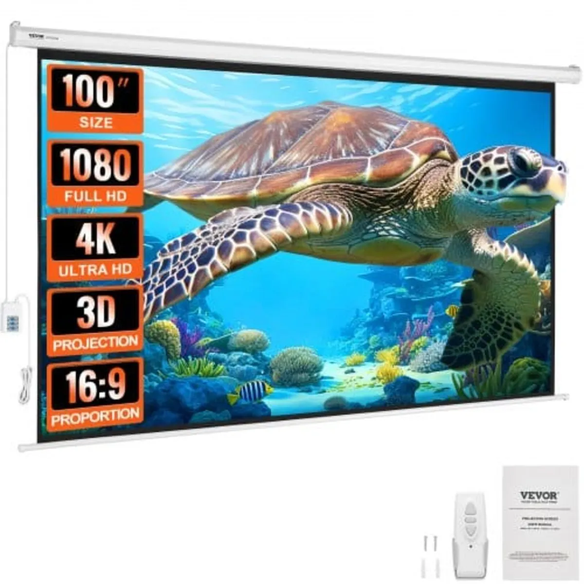 Motorized Projector Screen, 100 inch 16:9 4K 1080 - Image 1