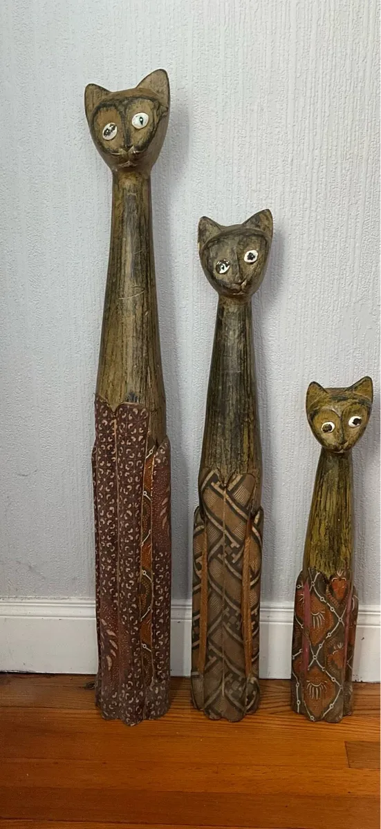 Set of 3 Hand Carved Wooden Cat Statues - Image 1