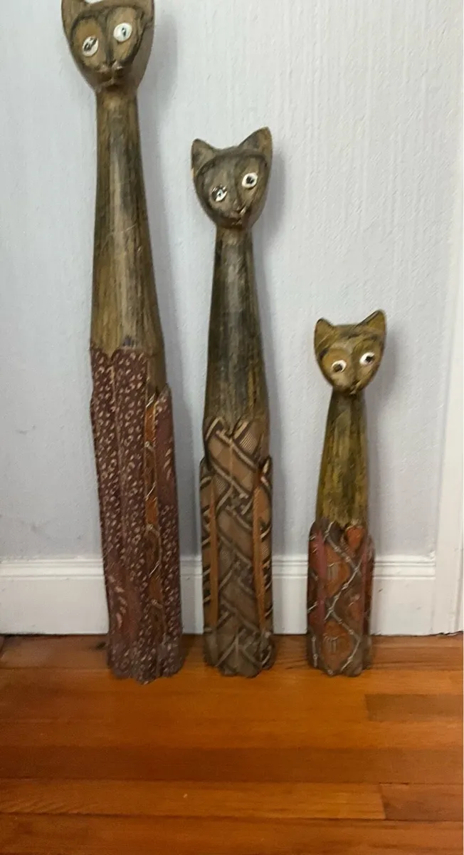 Set of 3 Hand Carved Wooden Cat Statues - Image 2