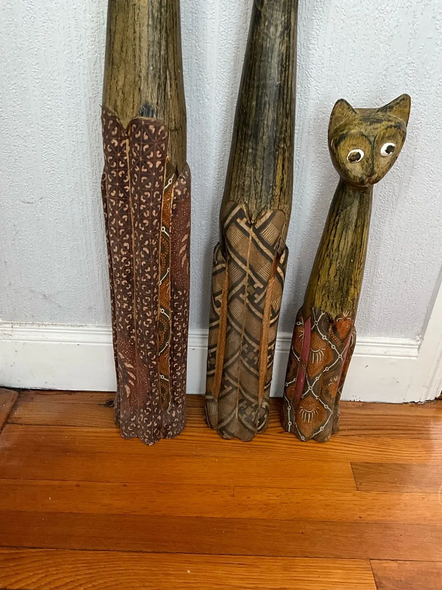 Set of 3 Hand Carved Wooden Cat Statues - Image 3