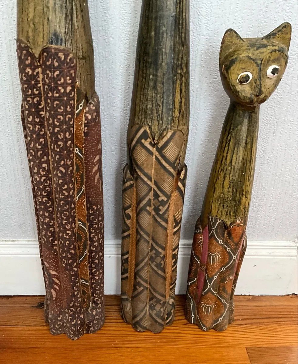 Set of 3 Hand Carved Wooden Cat Statues - Image 4