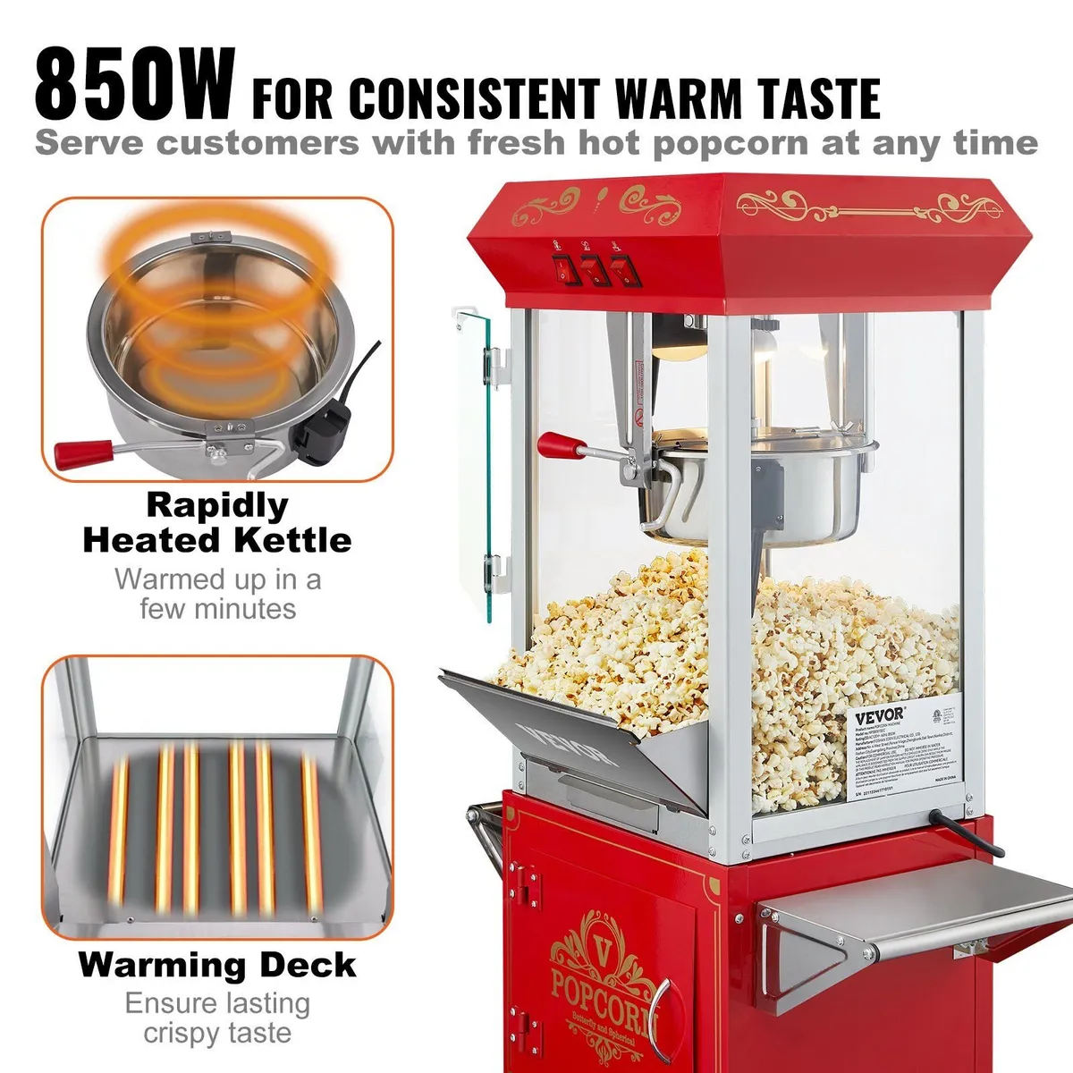 850W Popcorn Maker with Cart - Red - Image 4