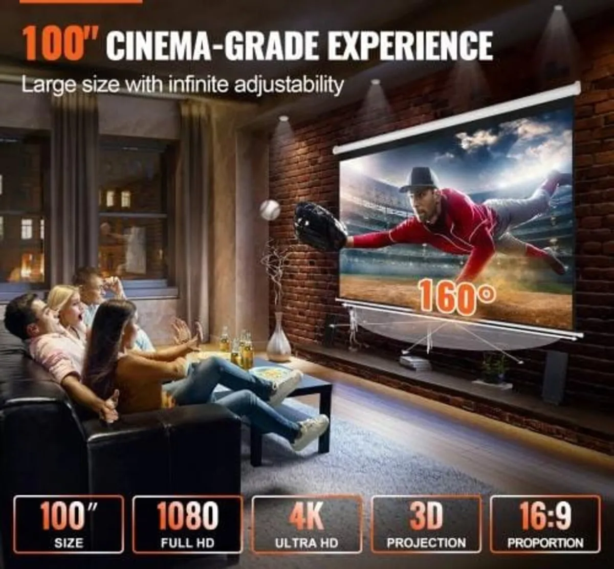 Manual Pull Down Projector Screen, 100 inch 16:9 4 - Image 2