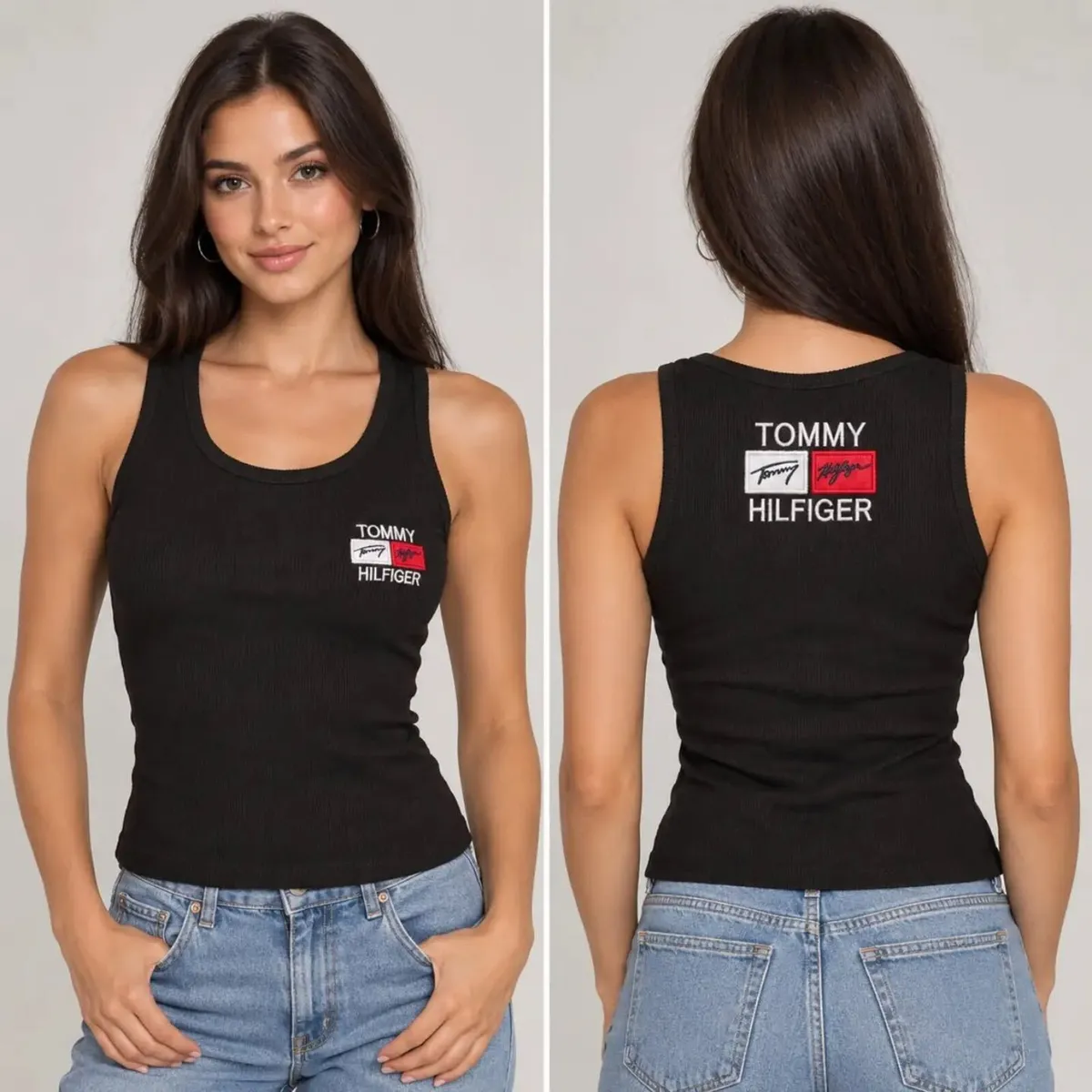 Tommy Hilfiger WomensBlack Ribbed Tank Top Logo - Image 2