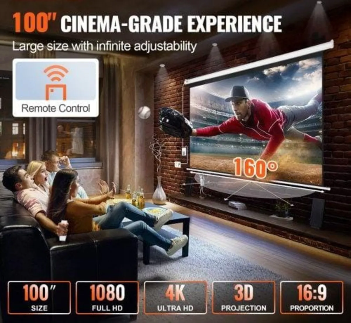 Motorized Projector Screen, 100 inch 16:9 4K 1080 - Image 4