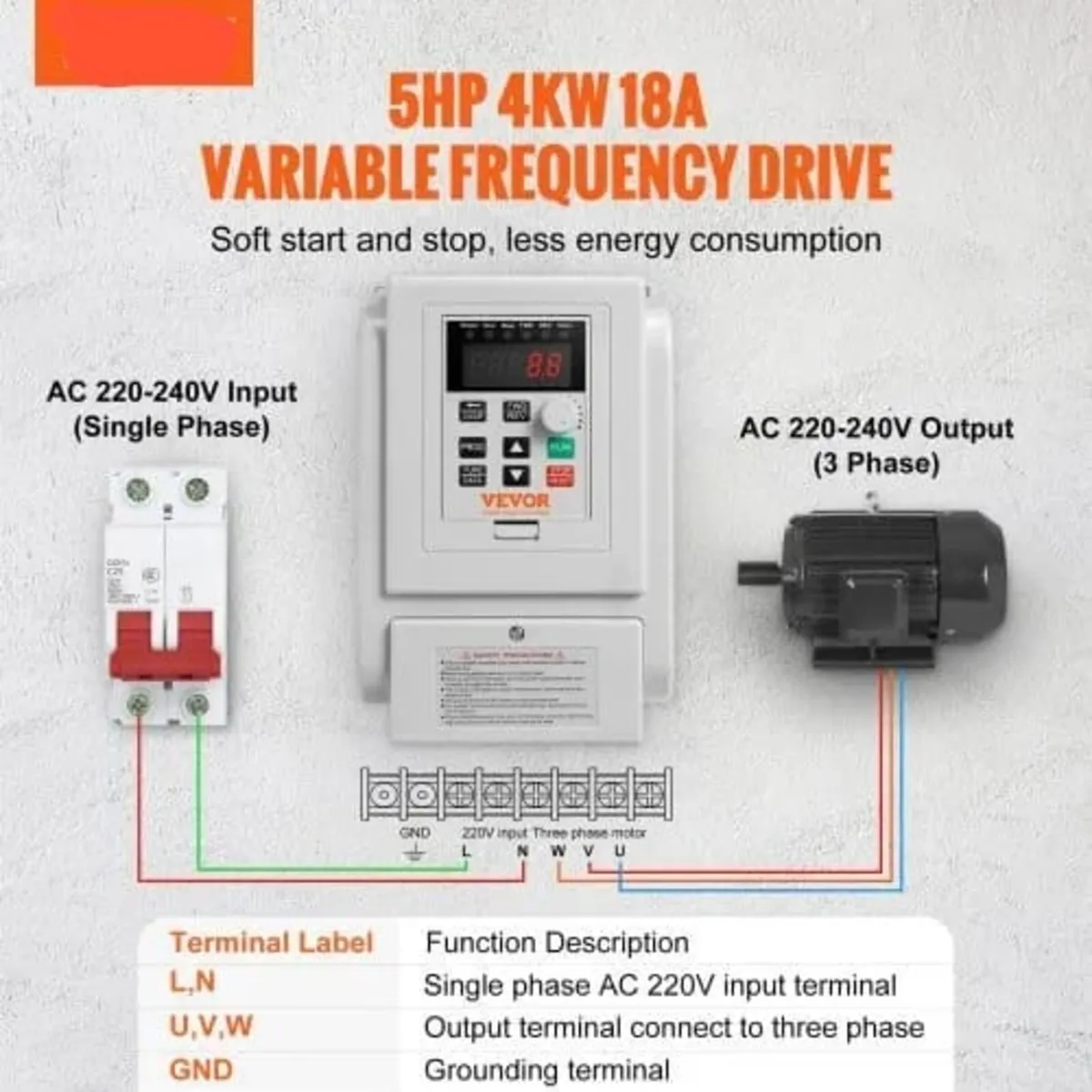 VFD 4KW，18A，5HP Variable Frequency Drive for 3-Pha - Image 3