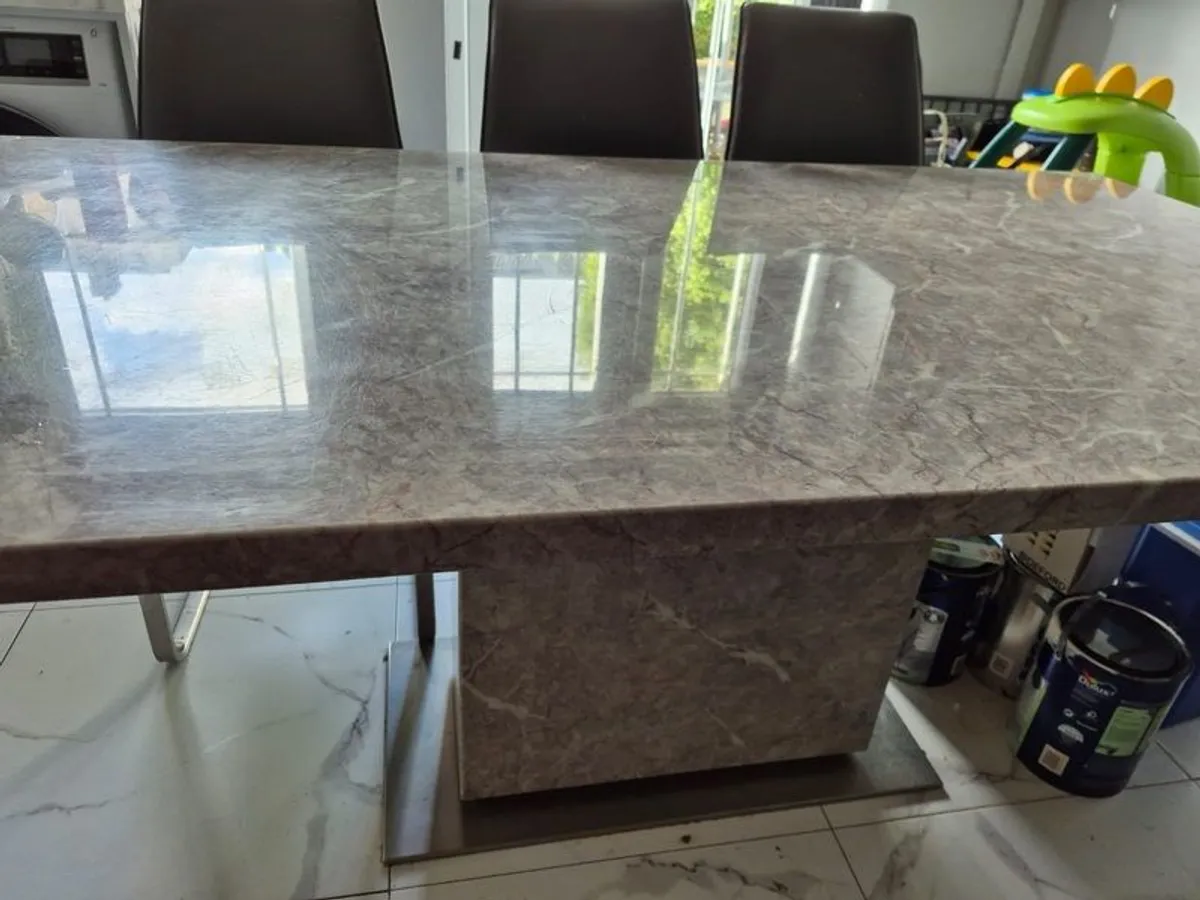 Marble dining table and 6 grey leather chairs - Image 1