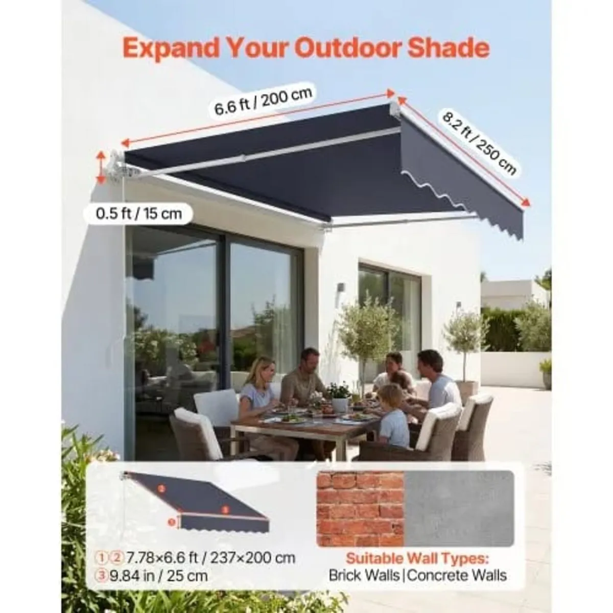Manual Retractable Awning, 250 x 200 cm Outdoor Pa - Image 3