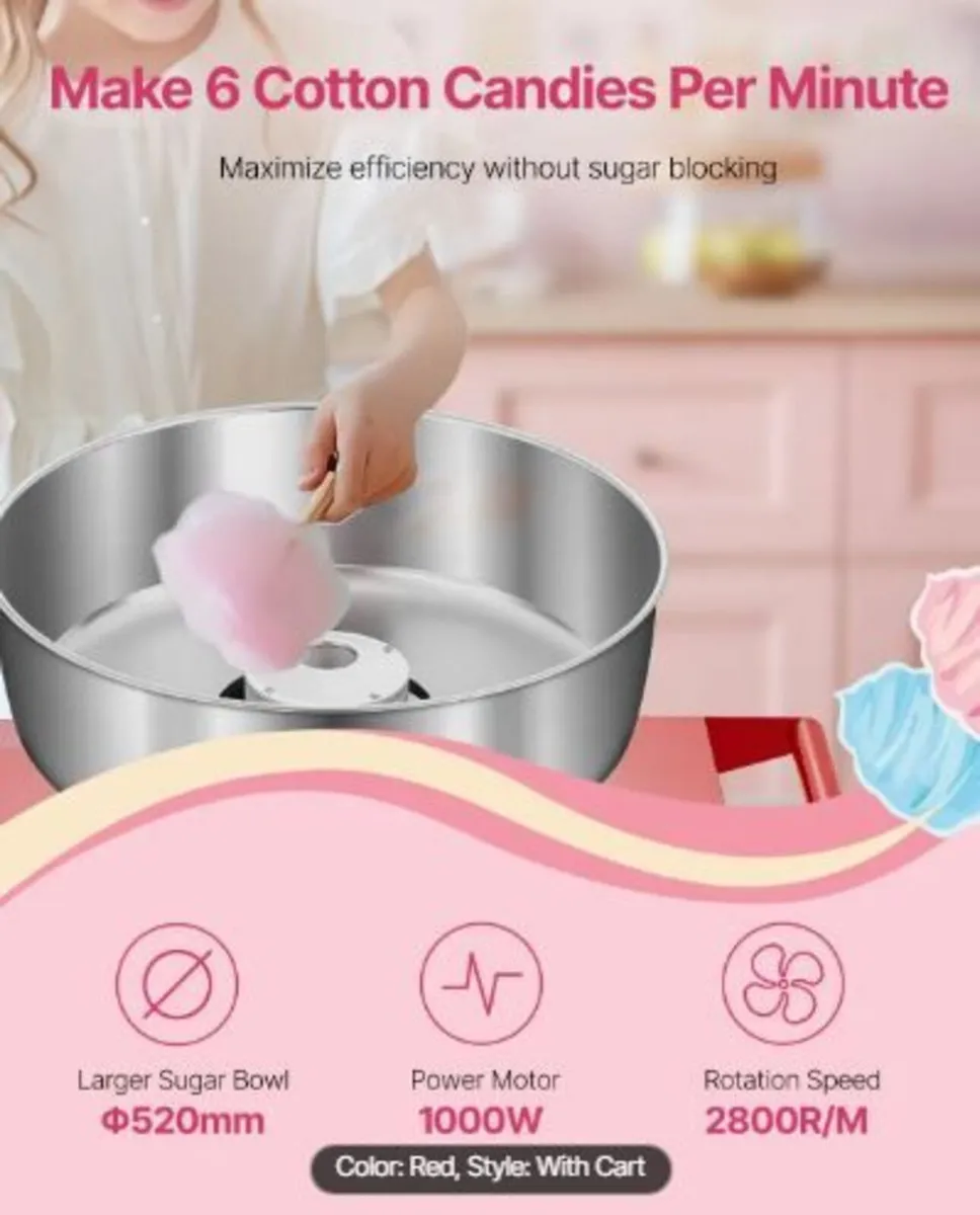 Electric Cotton Candy Machine with Cart, 1000W - Image 2