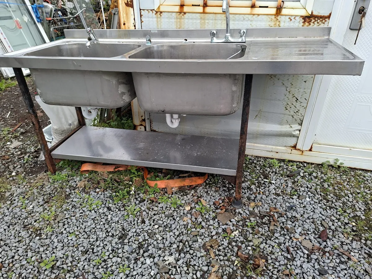 STAINLESS STEEL DOUBLE SINK UNIT WITH DRAINER - Image 1