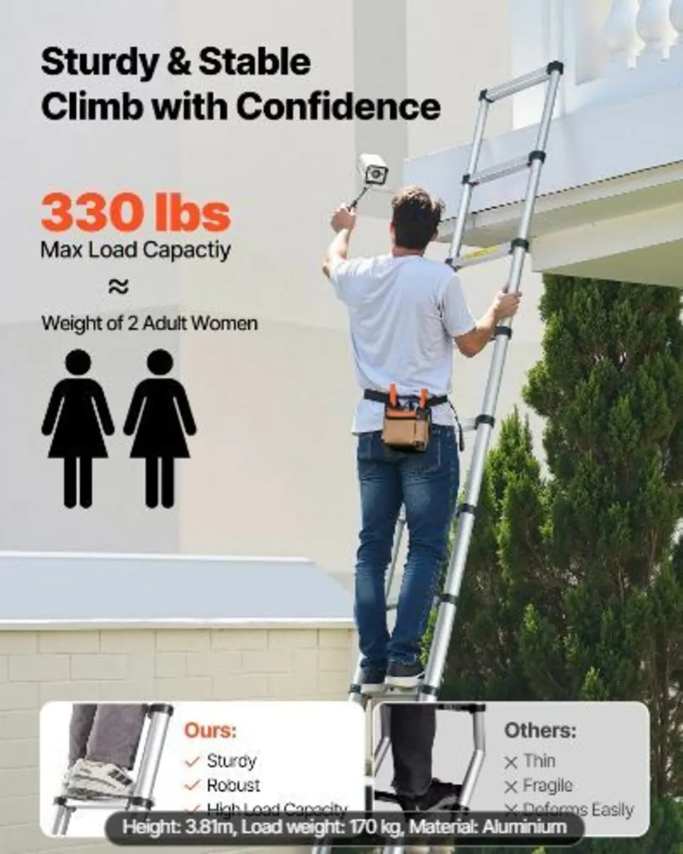 3.8m Telescoping Ladder, Aluminum - Image 3
