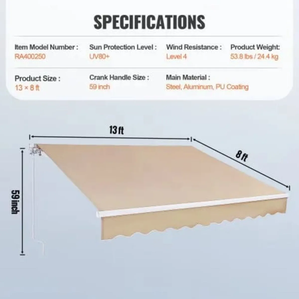 Manual Retractable Awning, 13 x 8 ft Outdoor Patio - Image 3