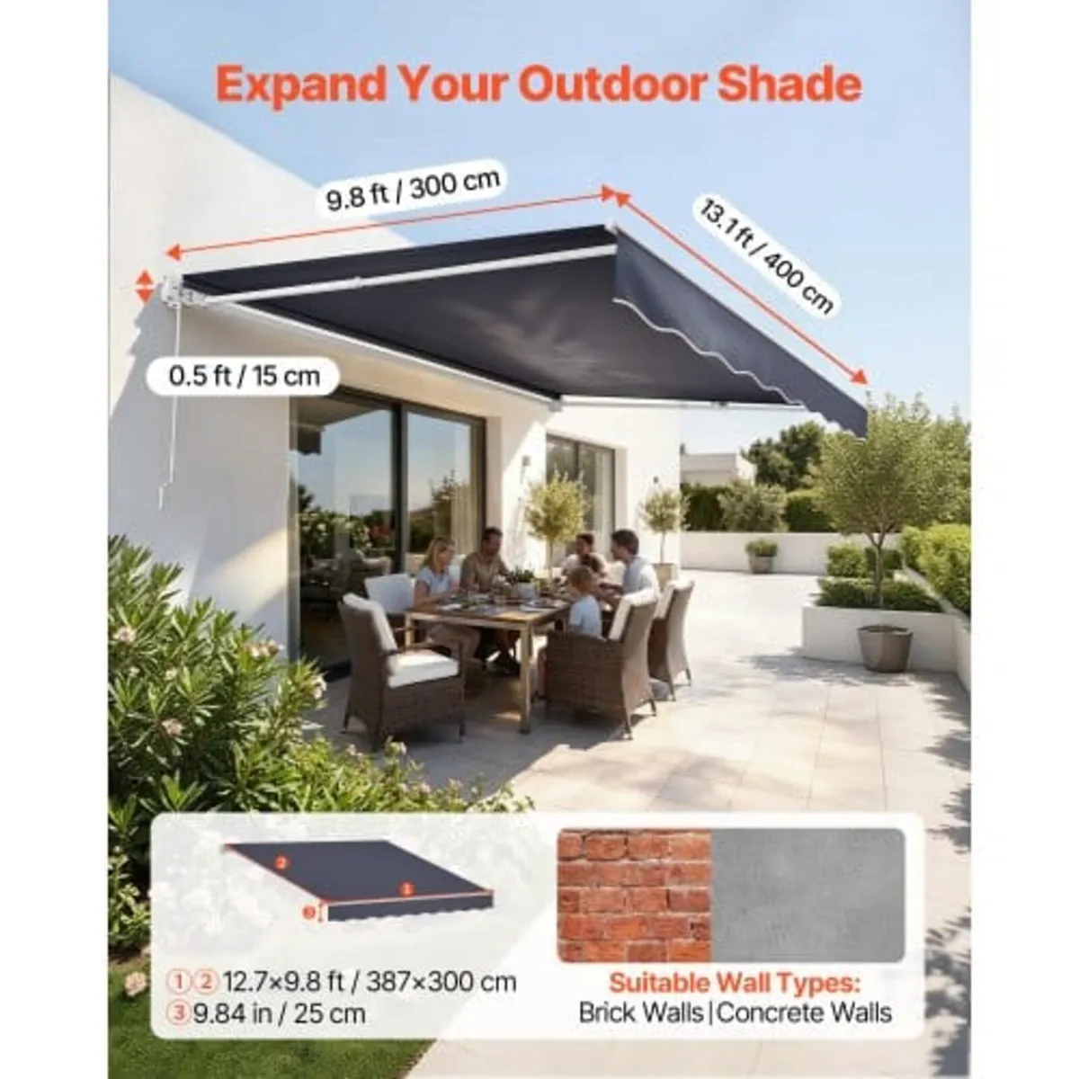 Manual Retractable Awning, 400 x 300 cm Outdoor Pa - Image 3
