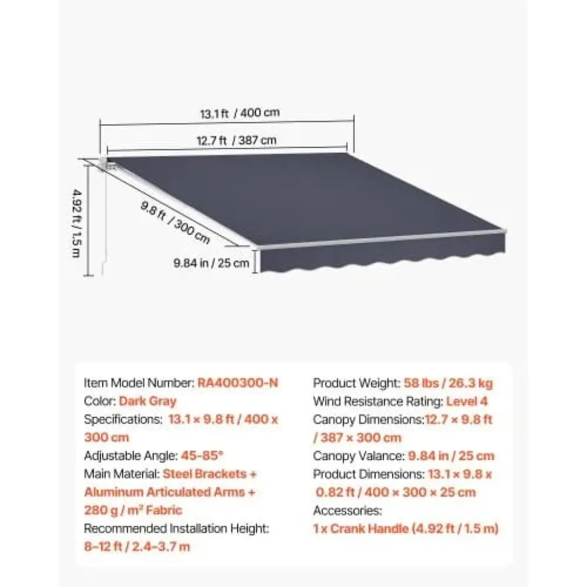 Manual Retractable Awning, 400 x 300 cm Outdoor Pa - Image 4