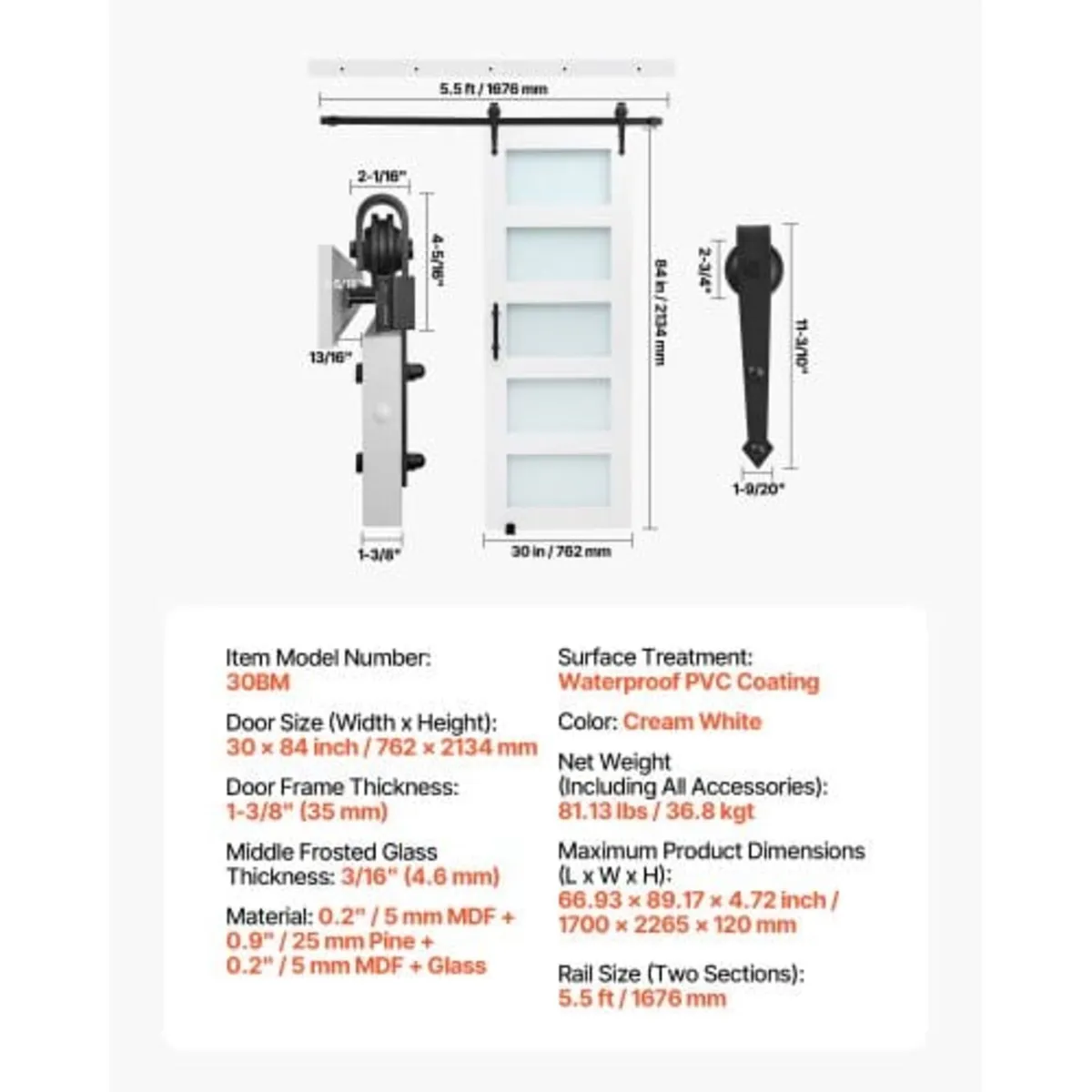 Sliding Barn Door, 762 x 2134mm, High-Strength MDF - Image 2