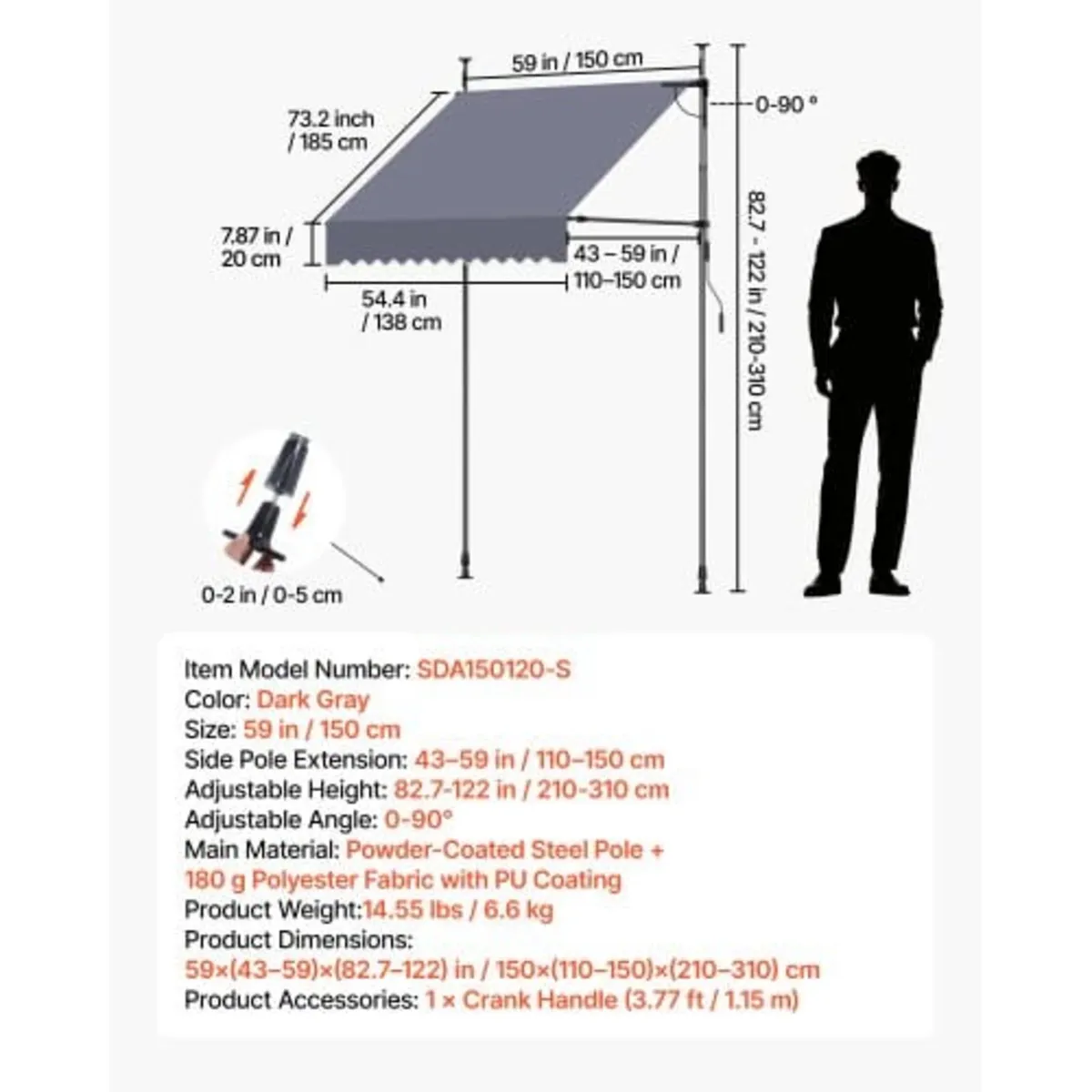 Manual Retractable Awning, 150 cm Outdoor Retracta - Image 4