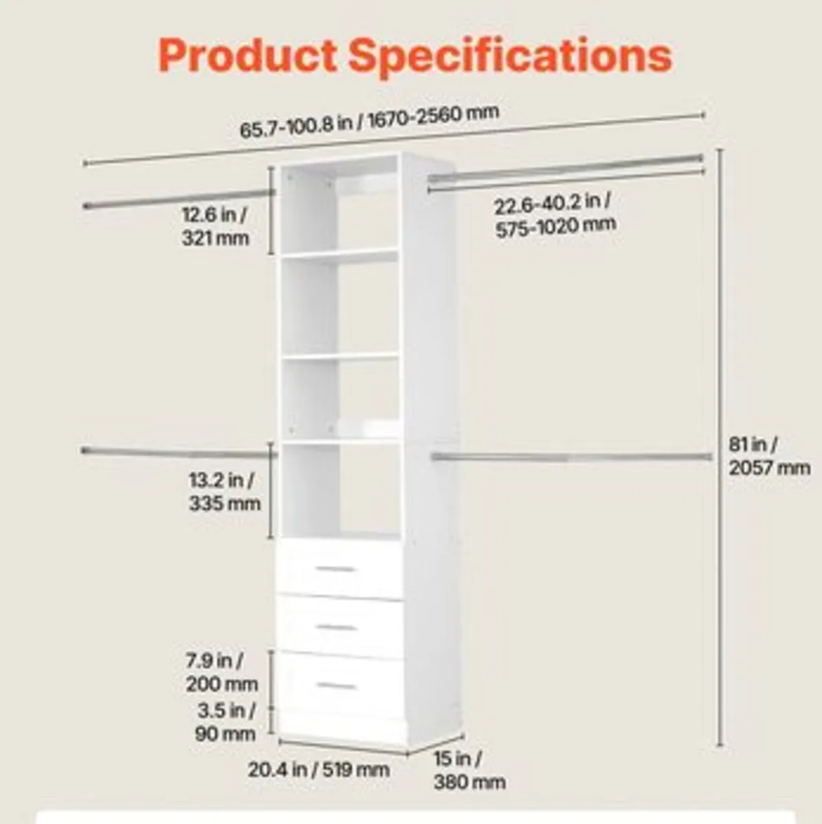 Closet System with 3 Drawers, Adjustable Height - Image 3