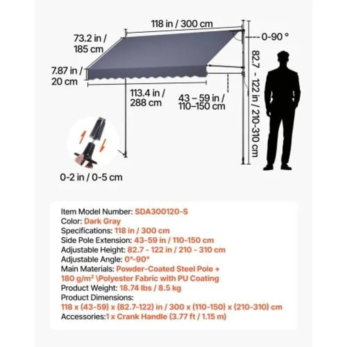 Manual Retractable Awning, 300 cm Outdoor Retracta - Image 2