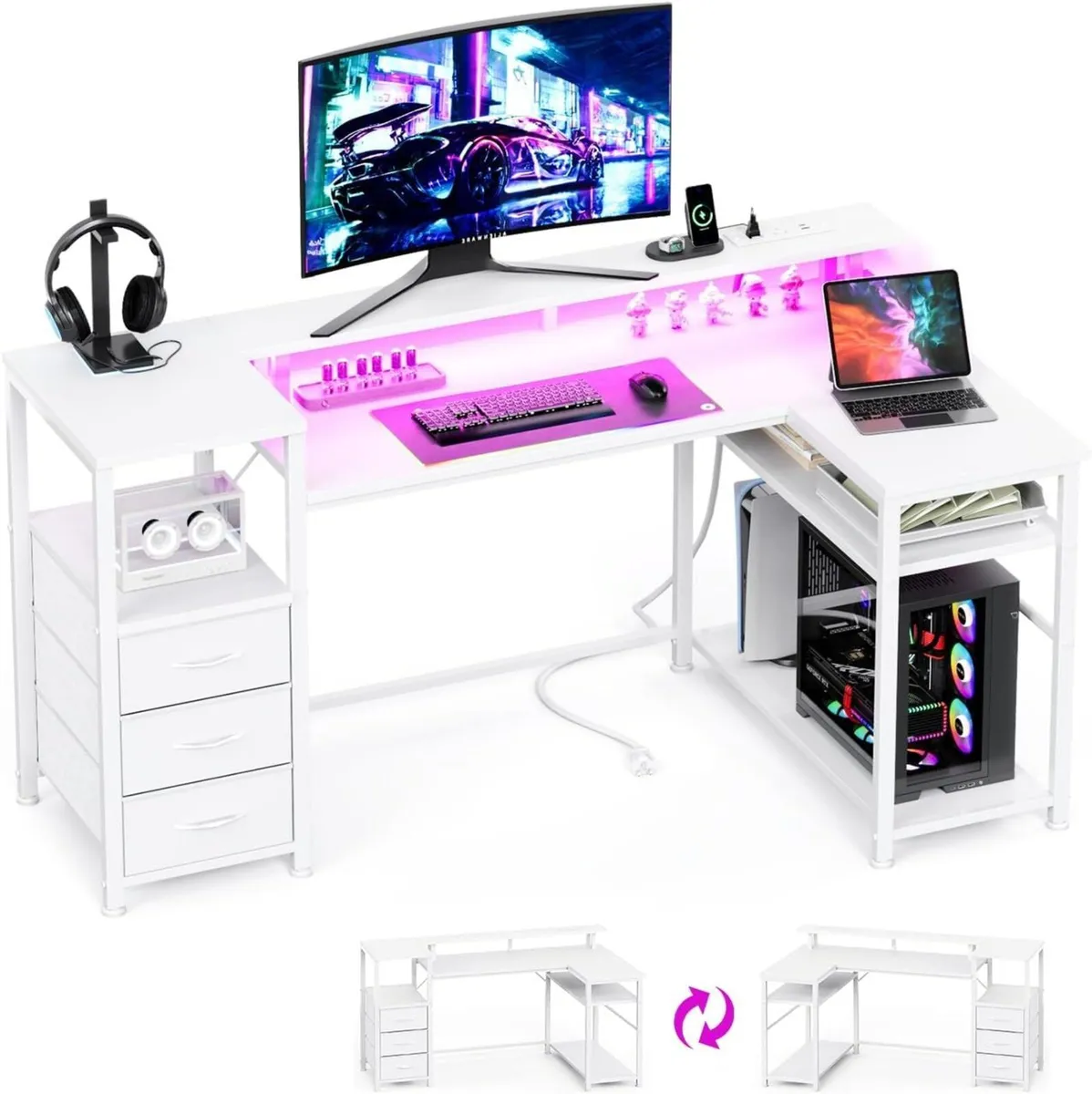 120CM Corner Desk with 3 Drawers Power Outlets - Image 1
