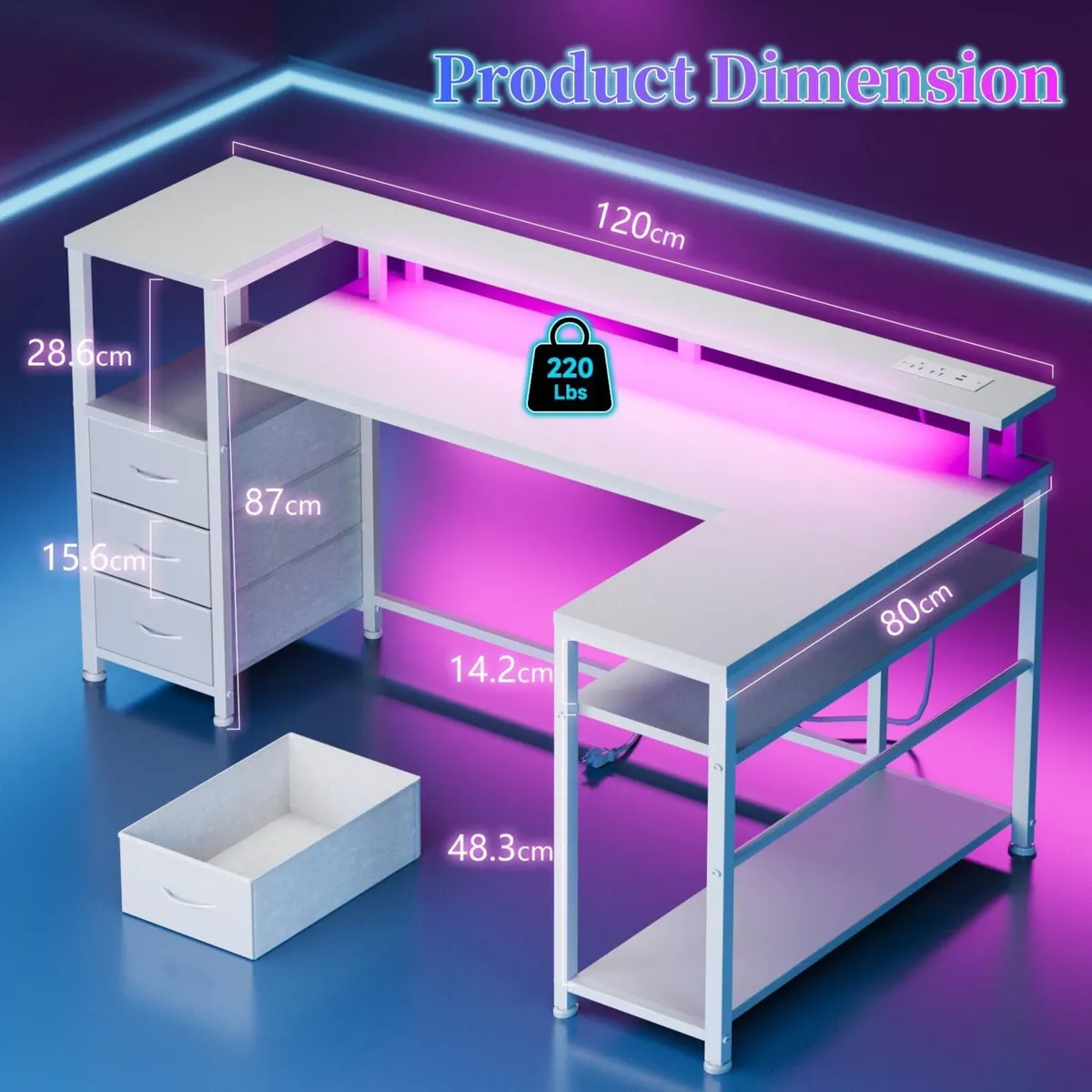 120CM Corner Desk with 3 Drawers Power Outlets - Image 2