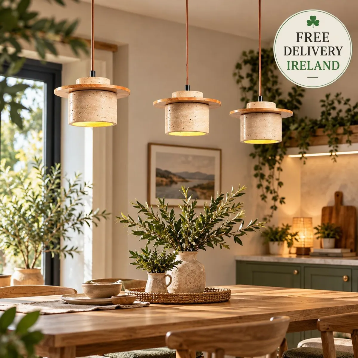 3 Light Travertine Pendant Ceiling Light with Natu - Image 1