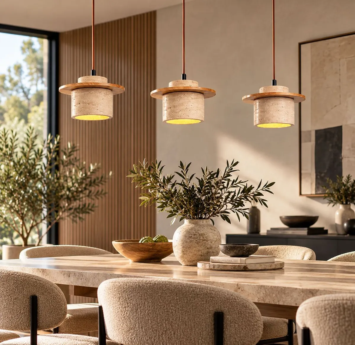 3 Light Travertine Pendant Ceiling Light with Natu - Image 2