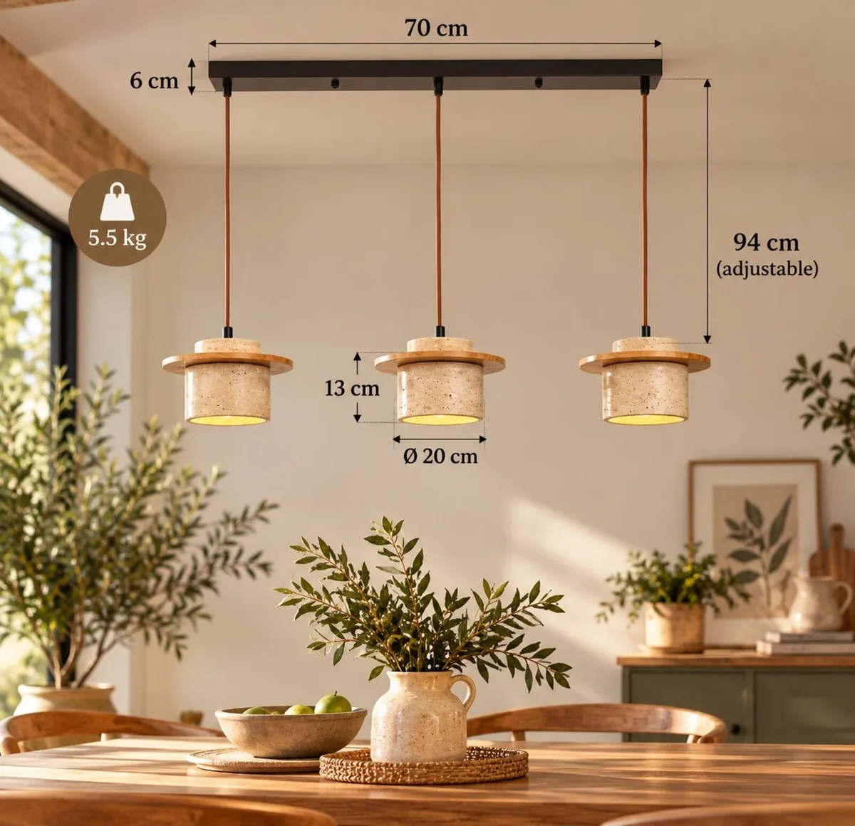 3 Light Travertine Pendant Ceiling Light with Natu - Image 3