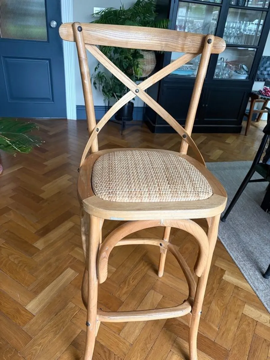2 x oak and rattan bar stools - Image 1