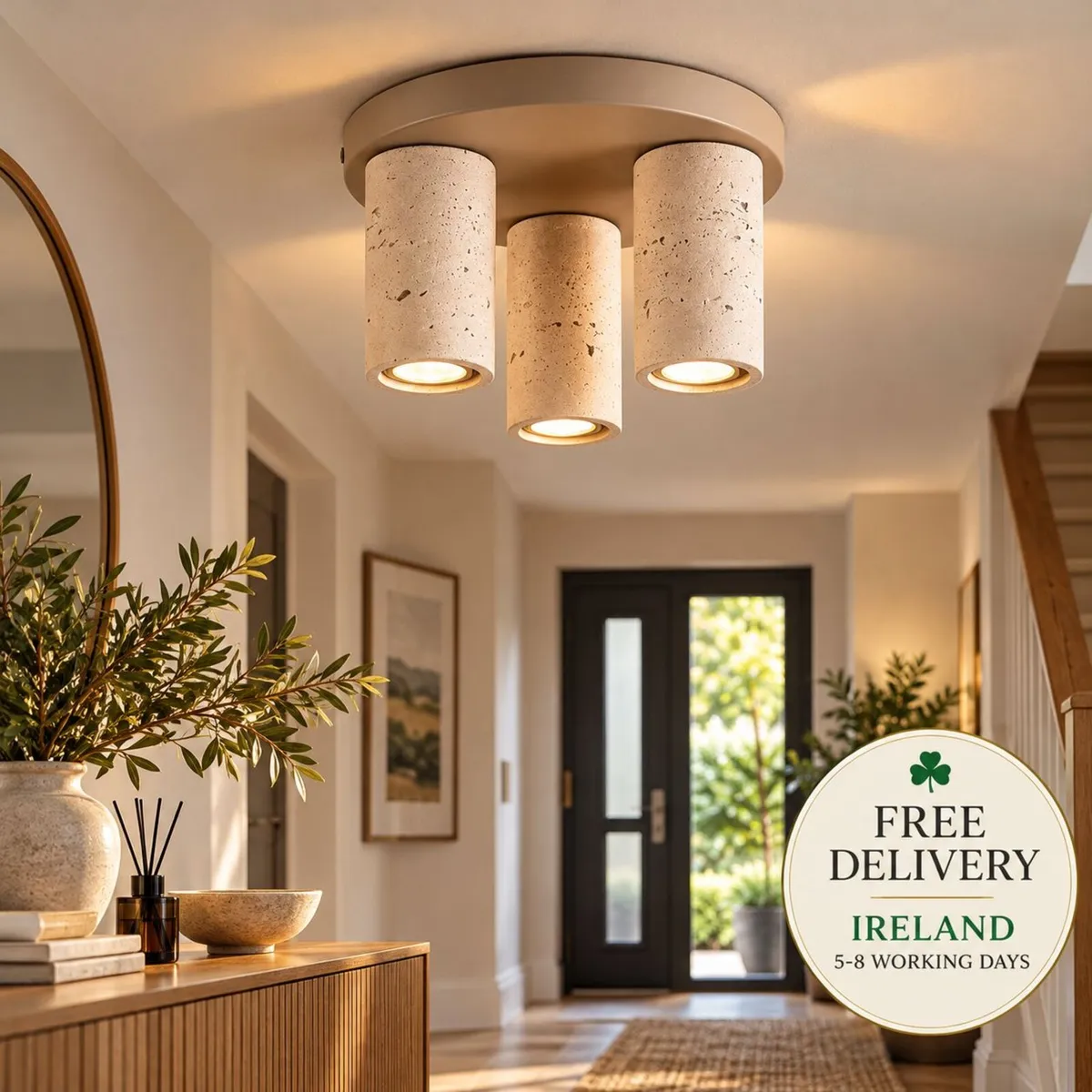 3 Light Travertine Look Ceiling Light Sand Beige M - Image 1