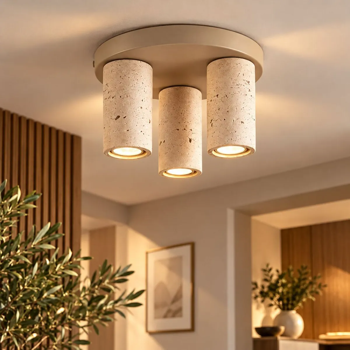 3 Light Travertine Look Ceiling Light Sand Beige M - Image 2