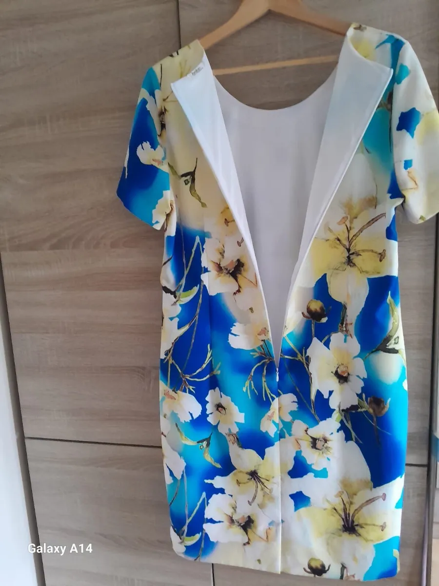 Blue Floral Dress & Matching Pale Yellow Jacket - Image 1