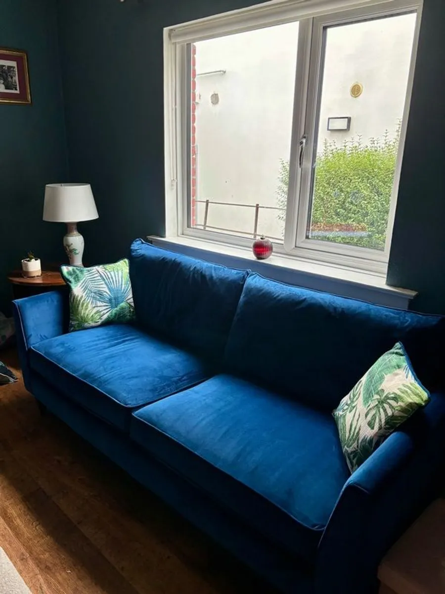 Navy Blue Velvet Velour 3 Seater Sofa - Image 1