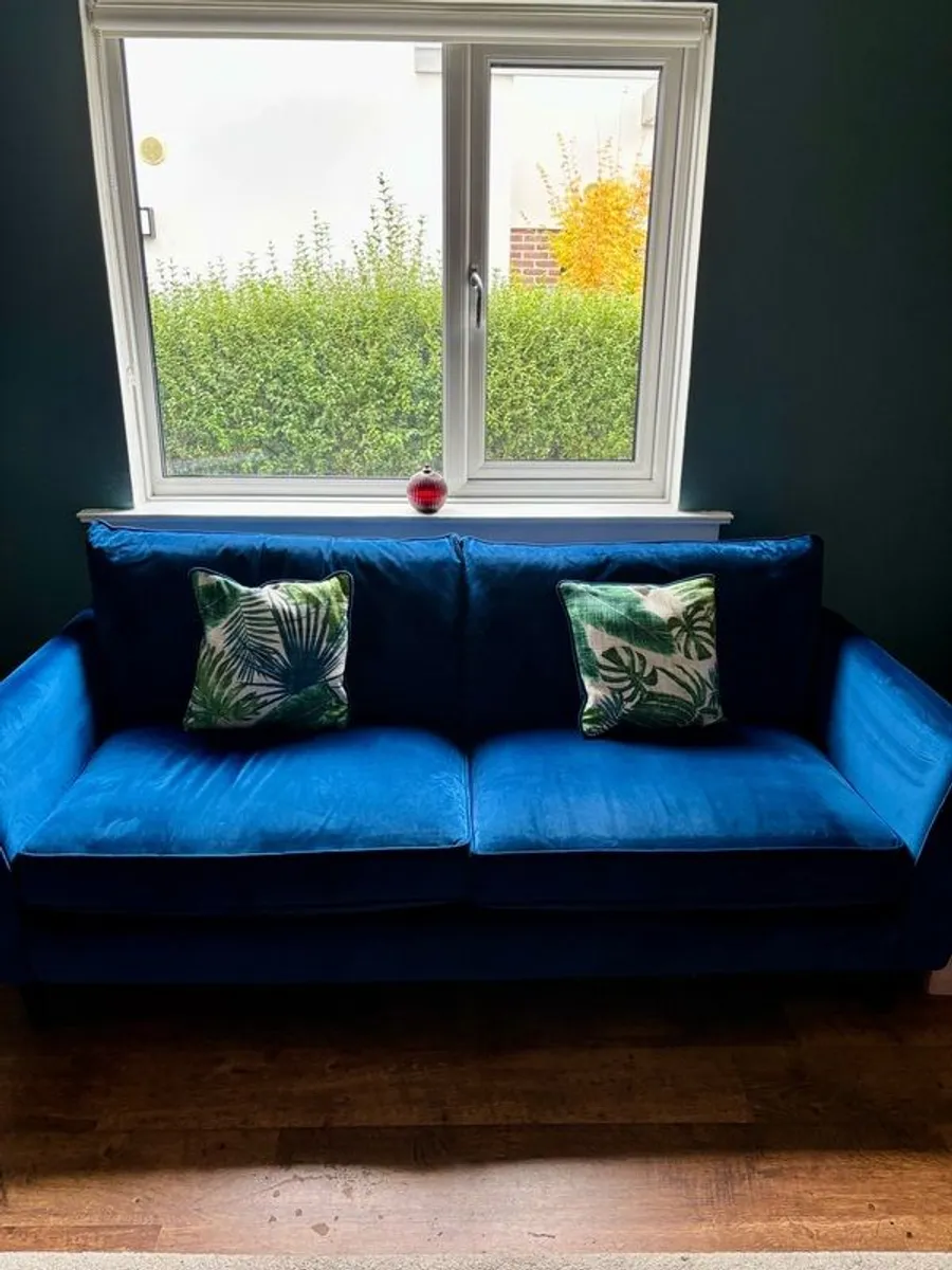 Navy Blue Velvet Velour 3 Seater Sofa - Image 2