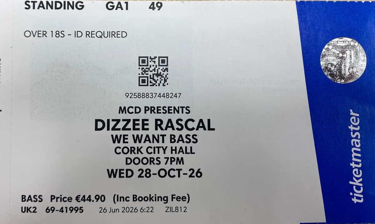 Dizzee Rascal physical concert ticket